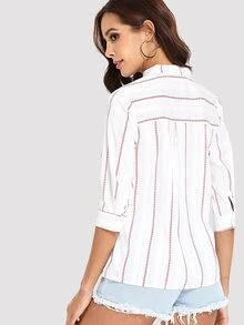 SHEIN 小高領條紋襯衫 - 白色 - 查看 2