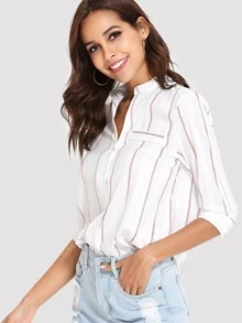 SHEIN 小高領條紋襯衫 - 白色 - 查看 3