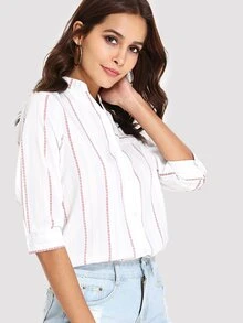 SHEIN 小高領條紋襯衫 - 白色 - 查看 4