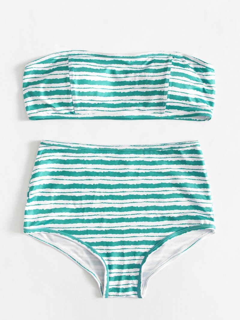 

Striped High Waist Bikini Set, Green