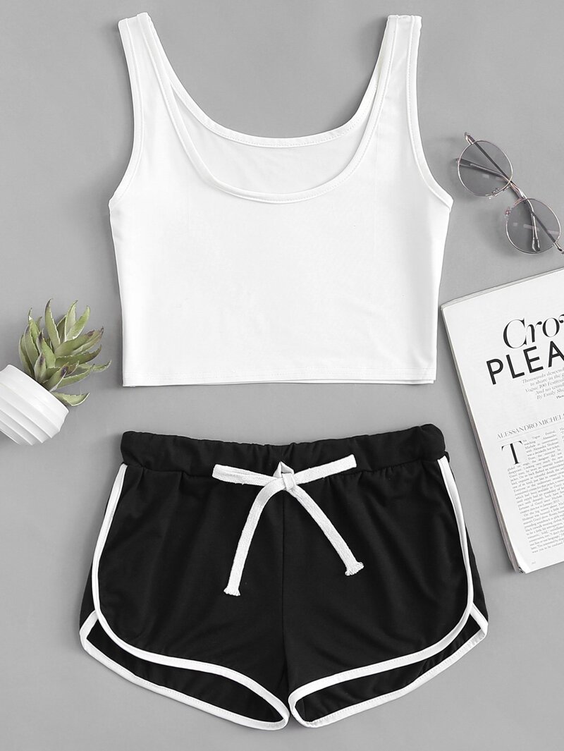 

Scoop Neck Top With Drawstring Shorts, Black and white