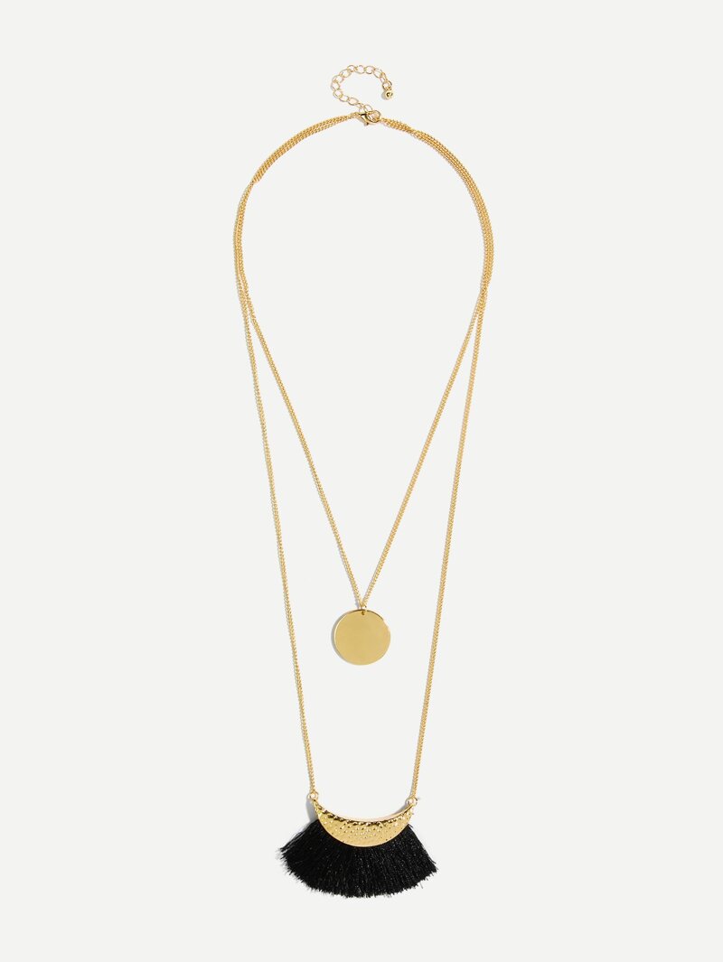 

Tassel & Round Pendant Layered Necklace, Black