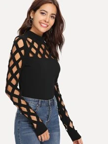 SHEIN Clasi Mock Neck Cage Yoke & Sleeve Top - Black - View 3