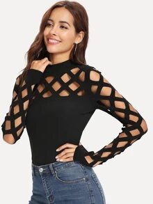 SHEIN Clasi Mock Neck Cage Yoke & Sleeve Top - Black - View 4
