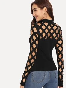 SHEIN Clasi Mock Neck Cage Yoke & Sleeve Top - Black - View 2