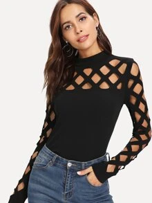 SHEIN Clasi Mock Neck Cage Yoke & Sleeve Top - Black - View 1