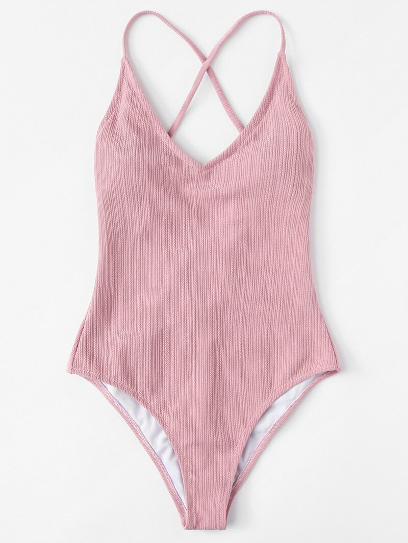 

Solid Plunging Neck Swimsuit, Pink