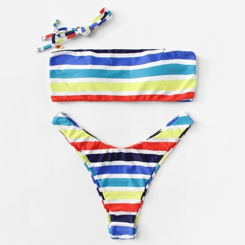 

Striped PrintBandeau Top With High Cut Bikini Set, Multicolor