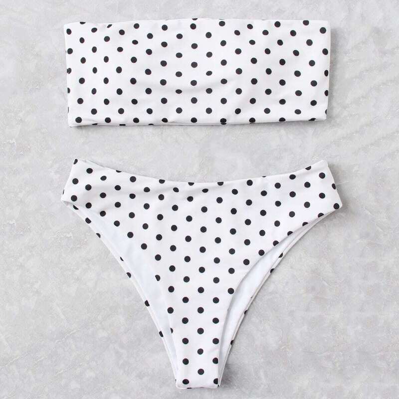 

Polka Dot Bandeau With High Waist Bikini Set, Black and white