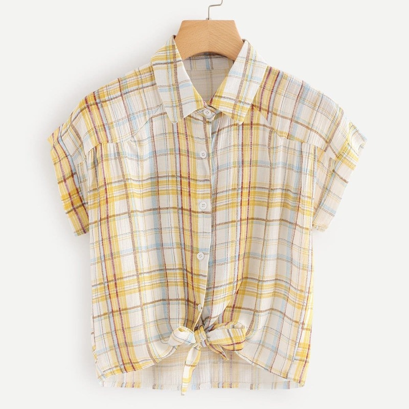

Plaid Tie Hem Blouse, Yellow