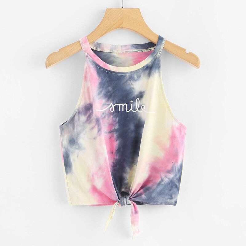 

Tie Dye Letters Print Knotted Top, Multicolor