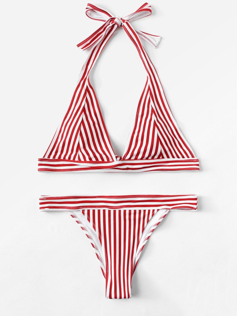 

Striped Halter Bikini Set, Red