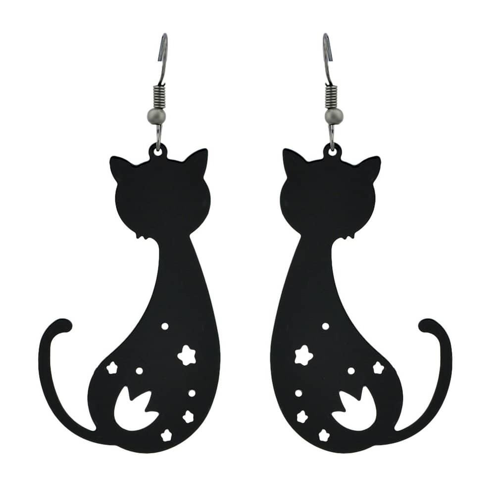 

Silver Glossy Cutout Kitten Earrings, Black