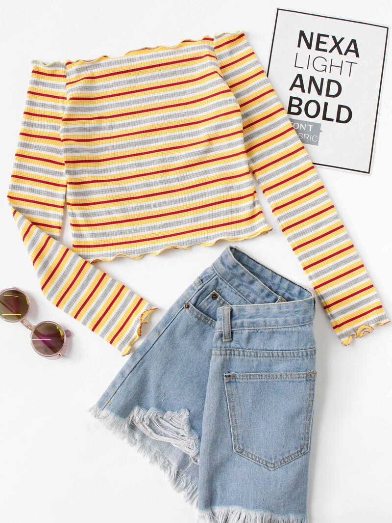 

Frill Trim Striped Knit Tee, Multicolor