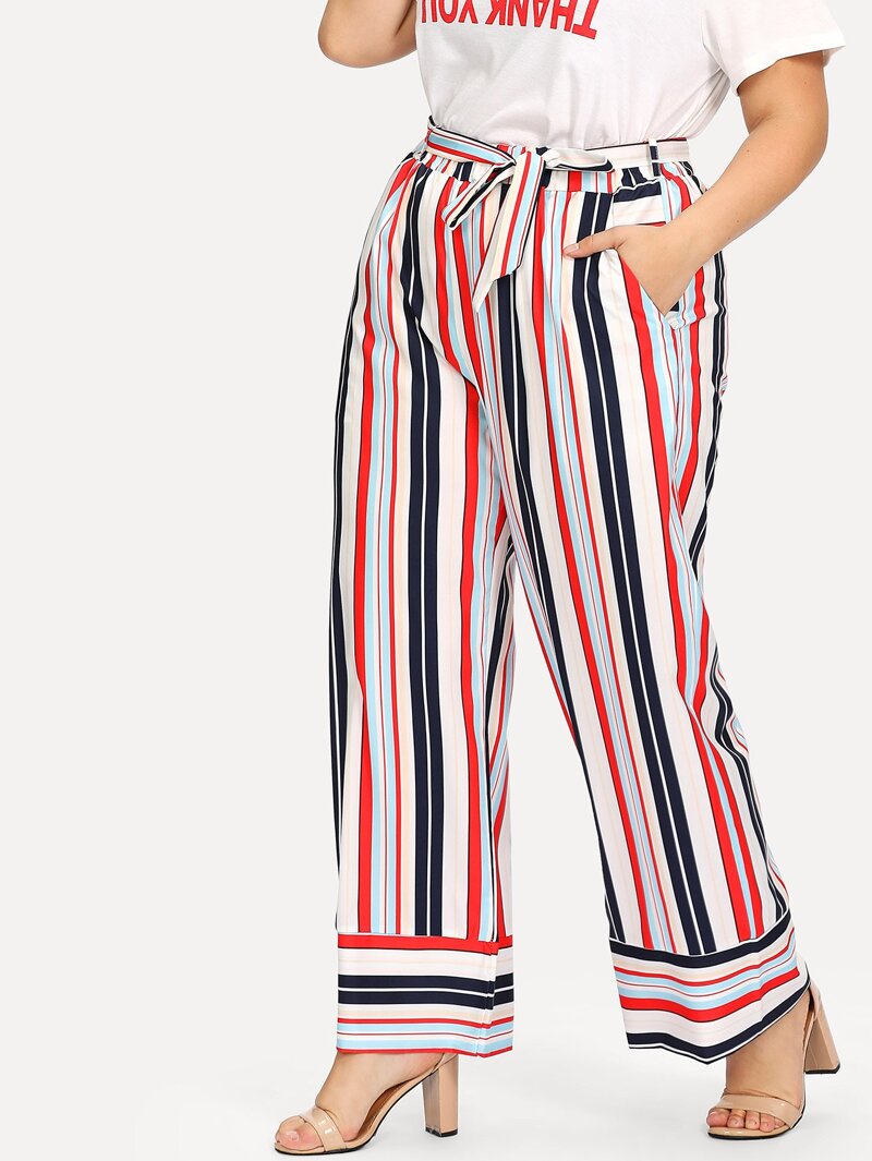

Plus Multi Striped Tie Waist Wide Leg Pants, Multicolor, Franziska