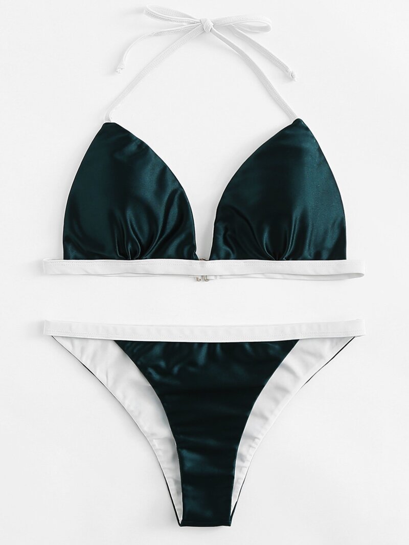 

Contrast Binding Halter Bikini Set, Green