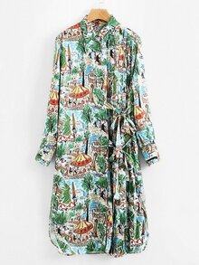 All Over Printed Slit Side Shirt Dress