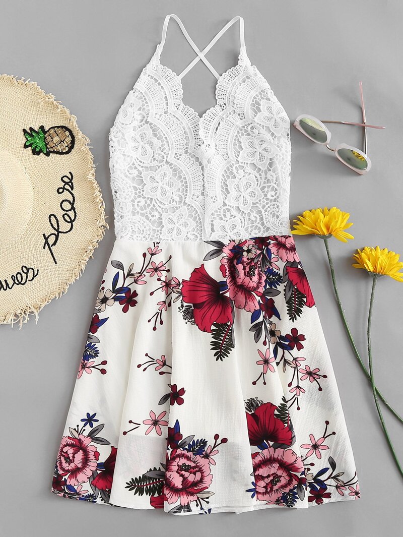 

Lace Criss Cross Back Floral Dress, Multicolor