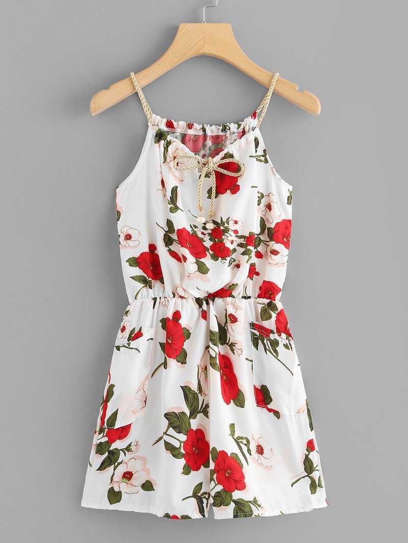 

Floral Print Random Self Tie Cami Romper, Multicolor