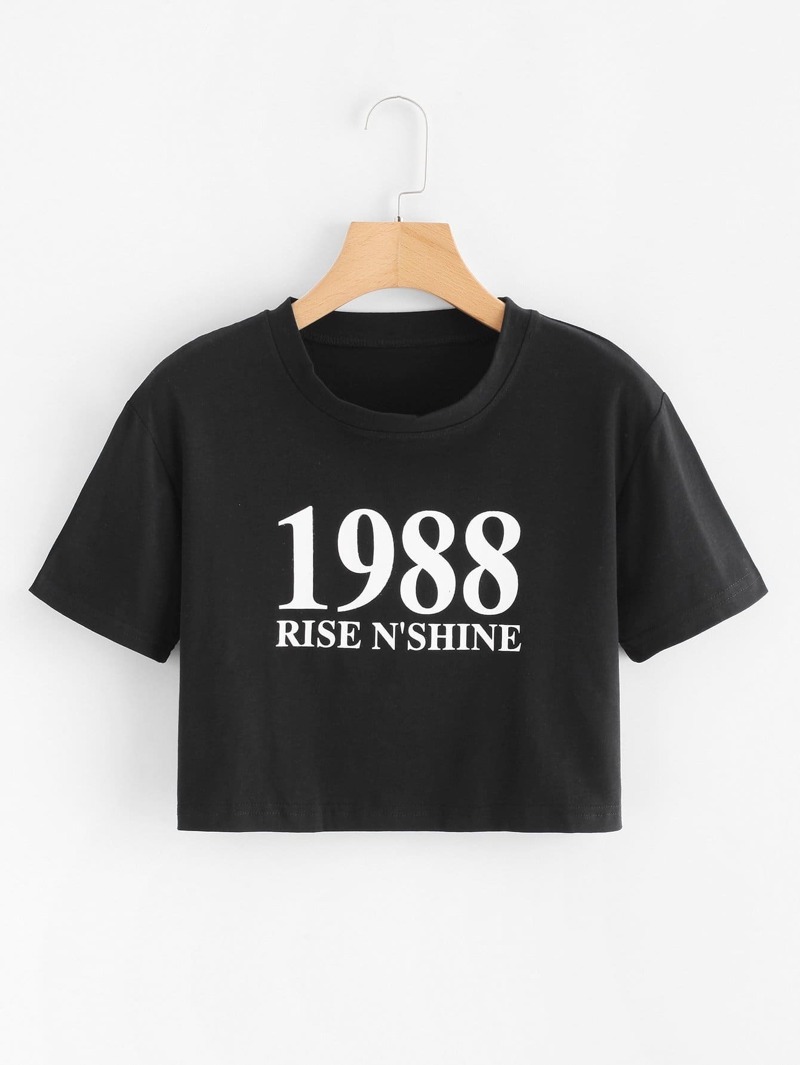 

Slogan Print Crop Tee, Black