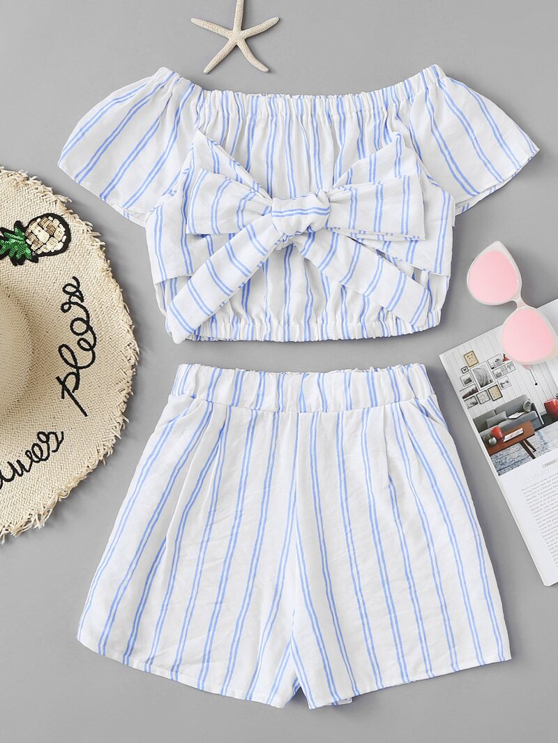 

Bow Tie Front Striped Crop Top With Shorts, White