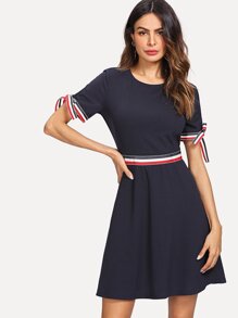 Knot Cuff Striped Fit & Flare Dress