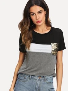 SHEIN LUNE Camiseta con un bolsillo de lentejuelas - Multicolor - Ver 3