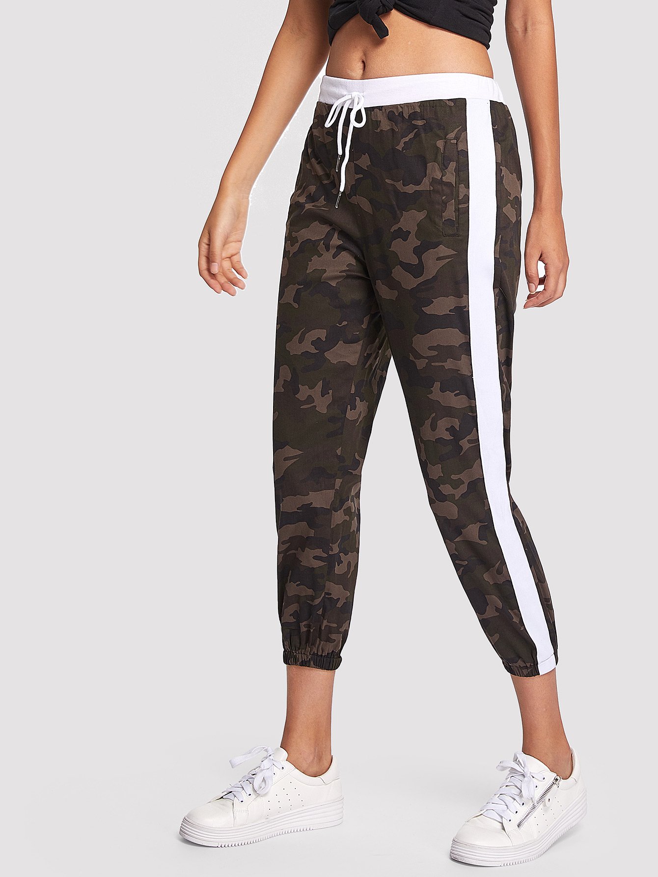 Camouflage Striped Tape Side Pants | SHEIN