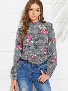 Frill Detail Floral & Plaid Top