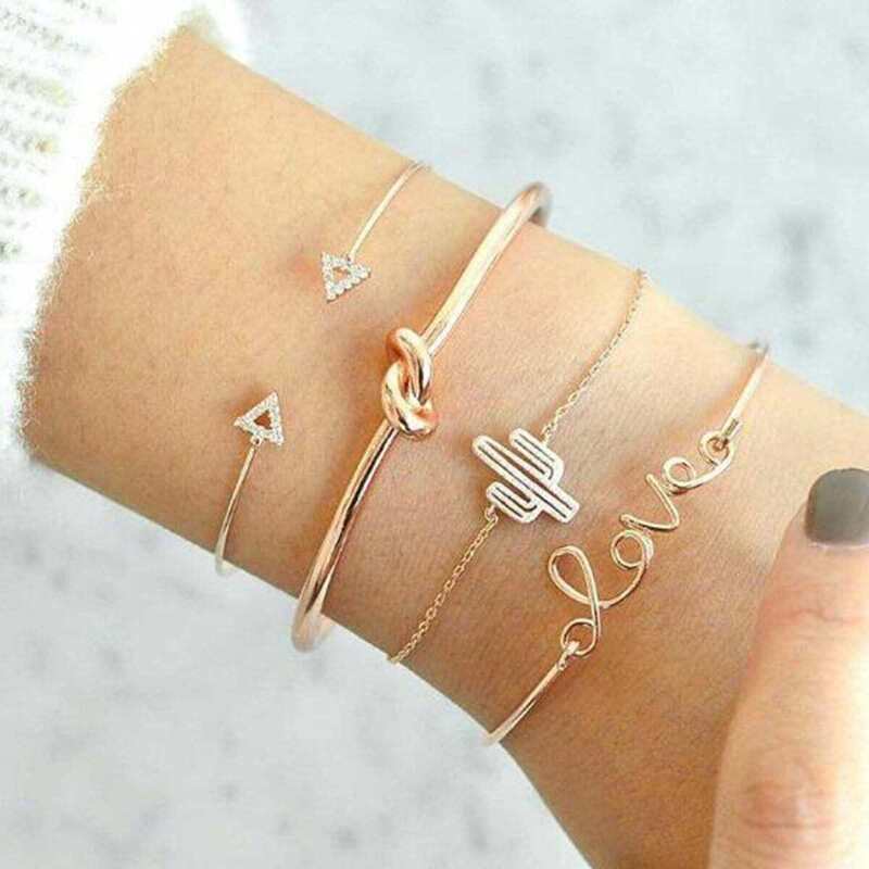 

Cactus & Letter Detail Bracelets Set 4pcs, Gold