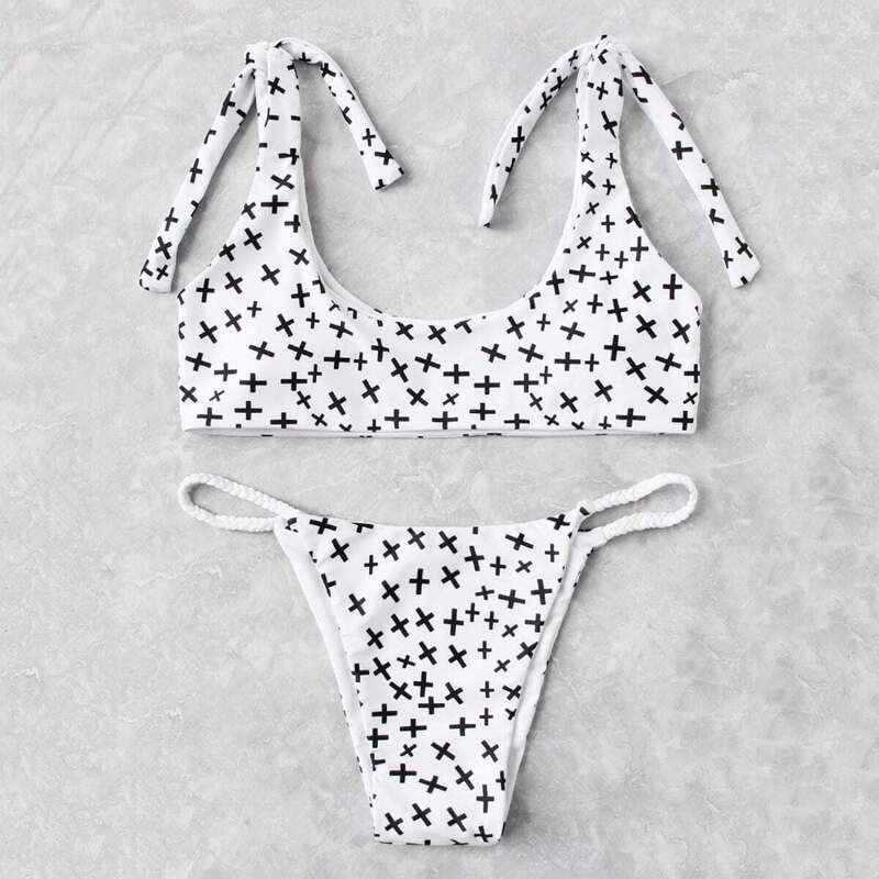 

Cross Print Bikini Set, Black and white
