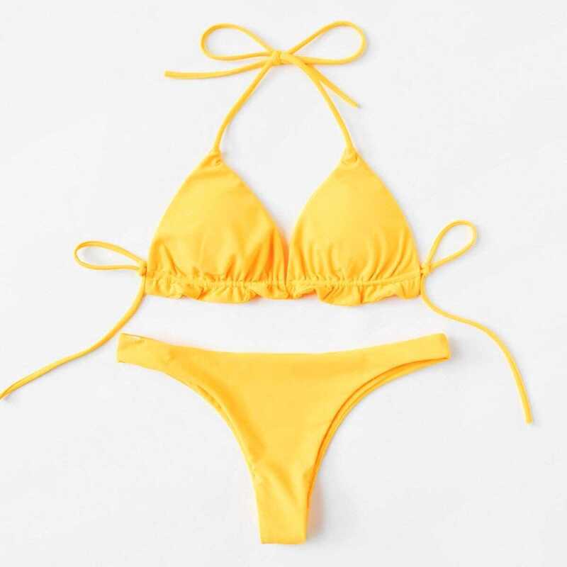 

Self Tie Halter Top With Hipster Bikini, Yellow