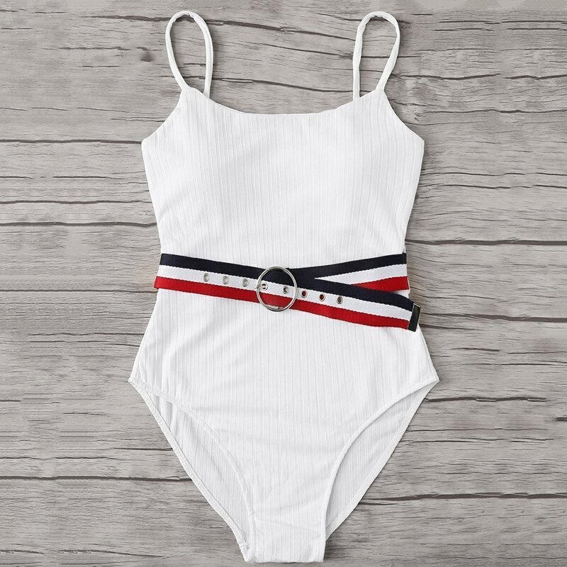 

Belt Decor One Piece Rib Swim, White