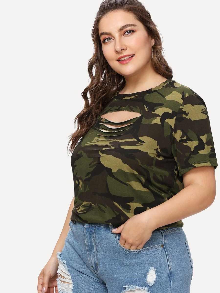 Camiseta de camuflaje rota de talla grande - Multicolor - Ver 1