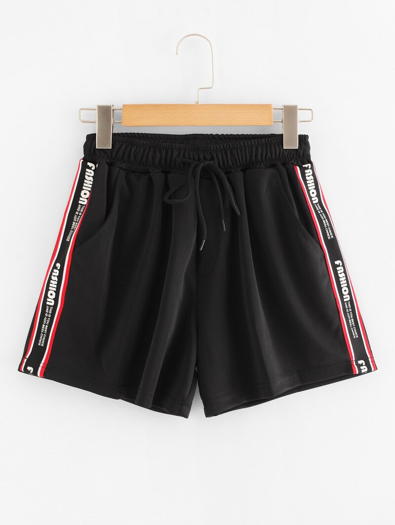 

Letter Print Tape Shorts, Black