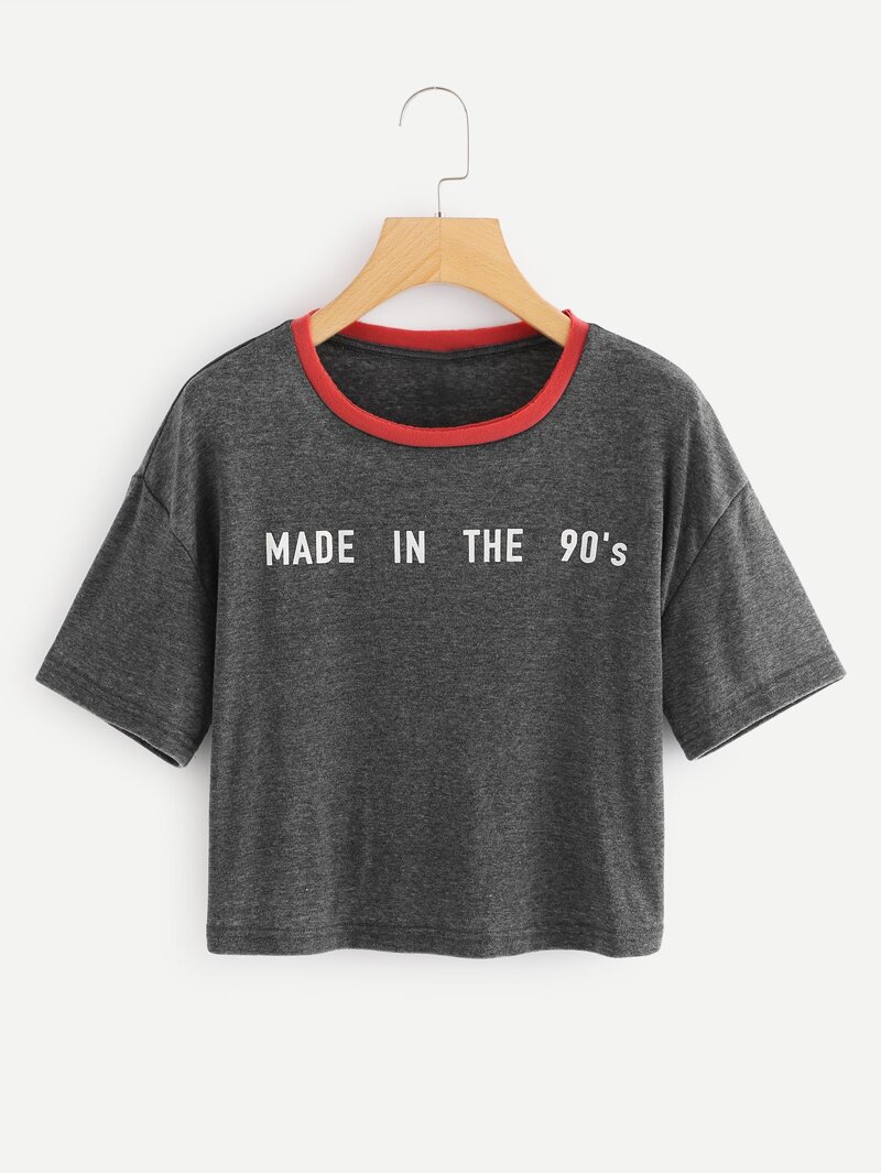 

Drop Shoulder Slogan Print Crop Tee, Grey