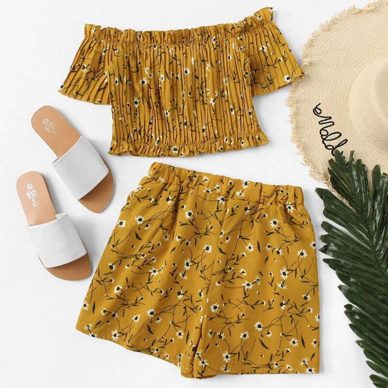 

Off Shoulder Pleated Floral Top With Shorts, Yellow