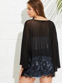 SHEIN Lace Trim Glitter Kimono - Black - View 2