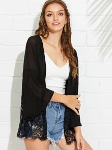 SHEIN Lace Trim Glitter Kimono - Black - View 3