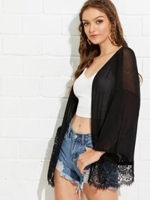 SHEIN Lace Trim Glitter Kimono - Black - View 4
