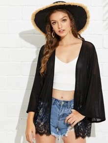 SHEIN Lace Trim Glitter Kimono - Black - View 1