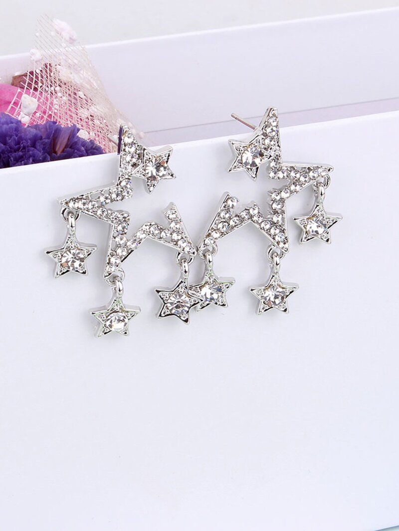 

Rhinestone Open Star Tassel Stud Earrings, Silver