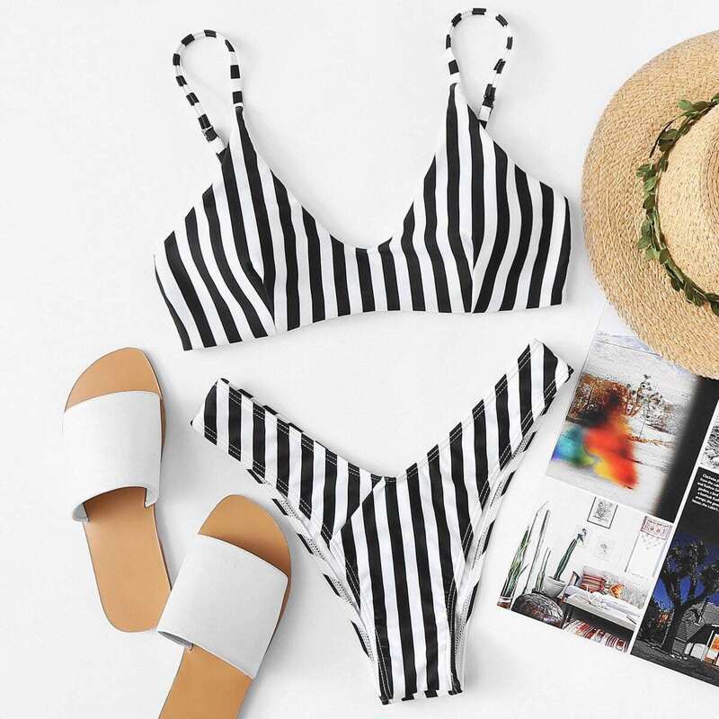 

Striped Top With High Leg Bikini Set, Black and white