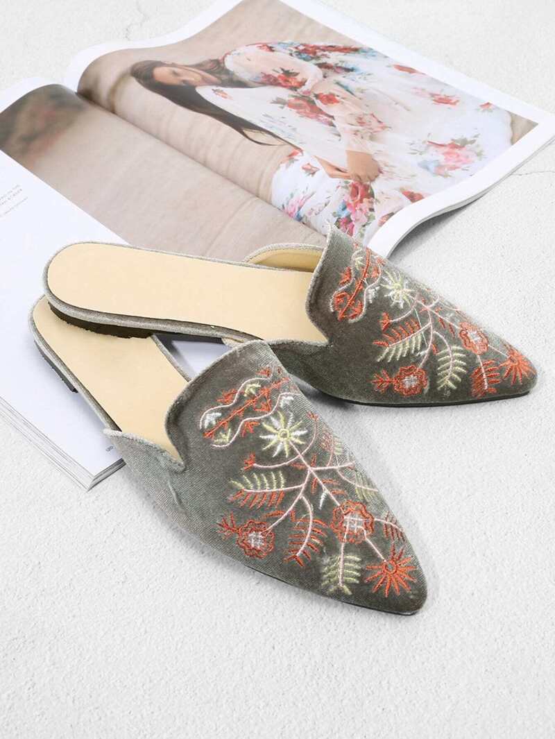 

Embroidered Detail Flat Mules, Grey