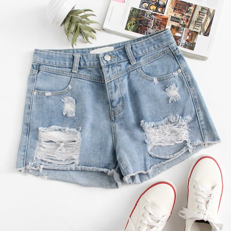 

Frayed Hem Ripped Denim Shorts, Blue