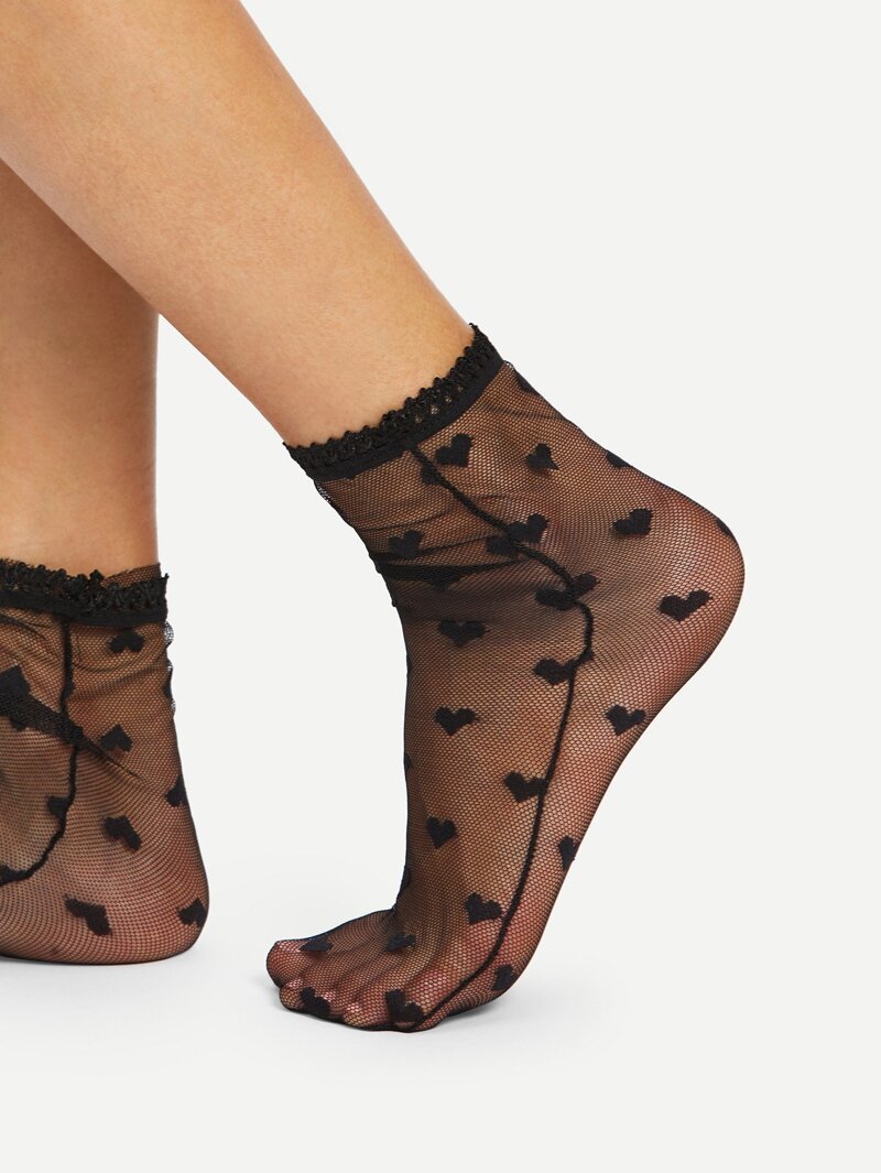 

Heart Pattern Mesh Ankle Socks, Black