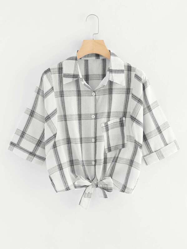 Blusa corta de cuadros bajo con nudo | ROMWE Camisa de cuadros bajo con nudo de hombros caídos | ROMWE