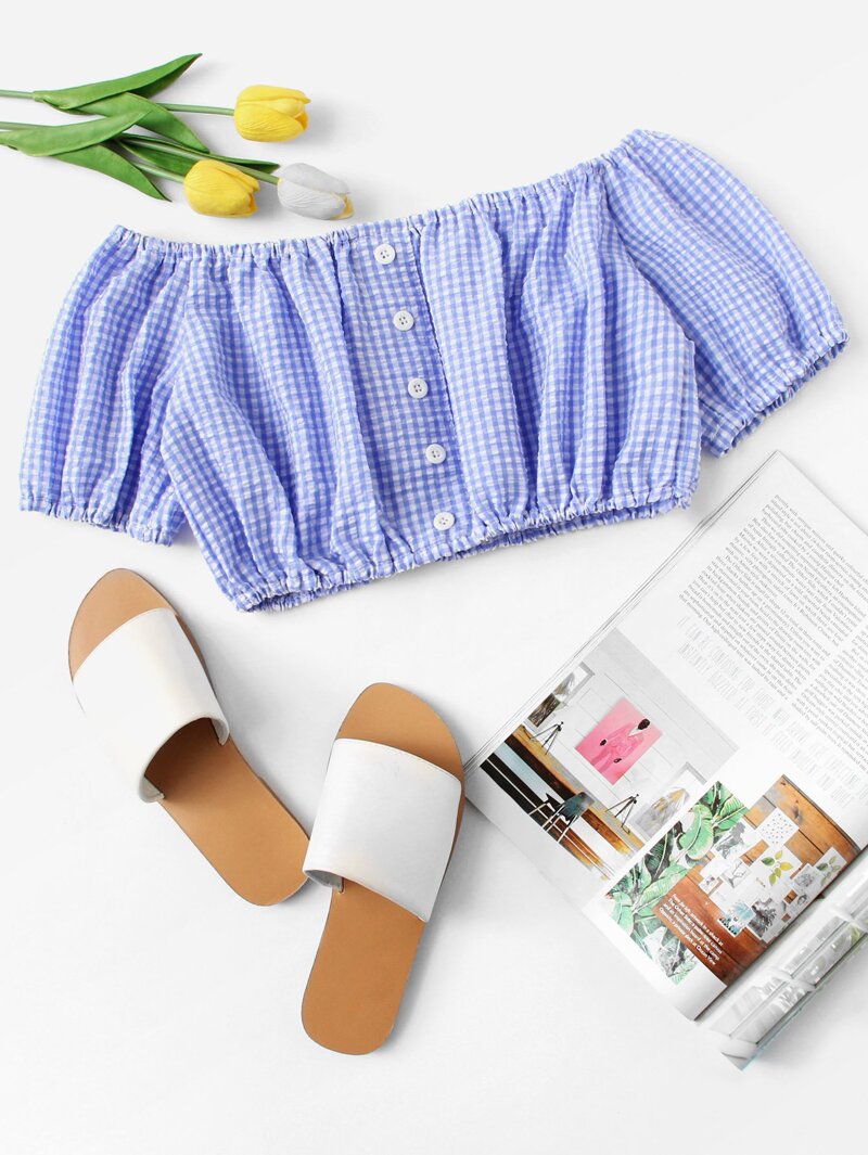 

Off Shoulder Single Breasted Top, Blue
