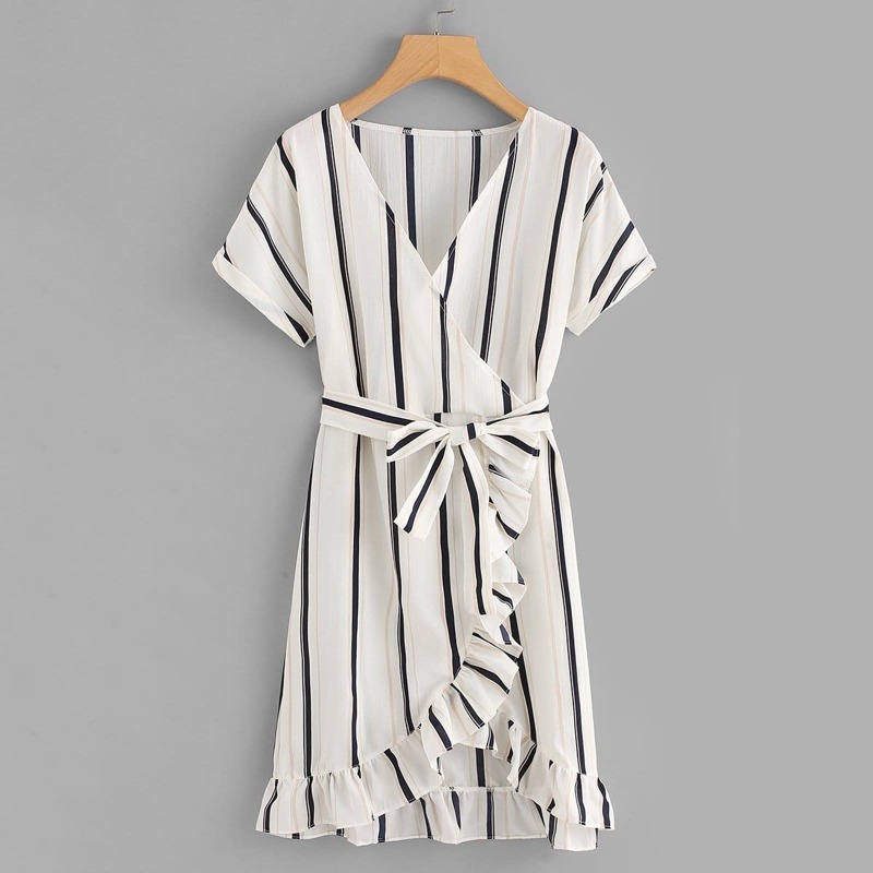 

Ruffle Trim Striped Self Tie Waist Dress, White