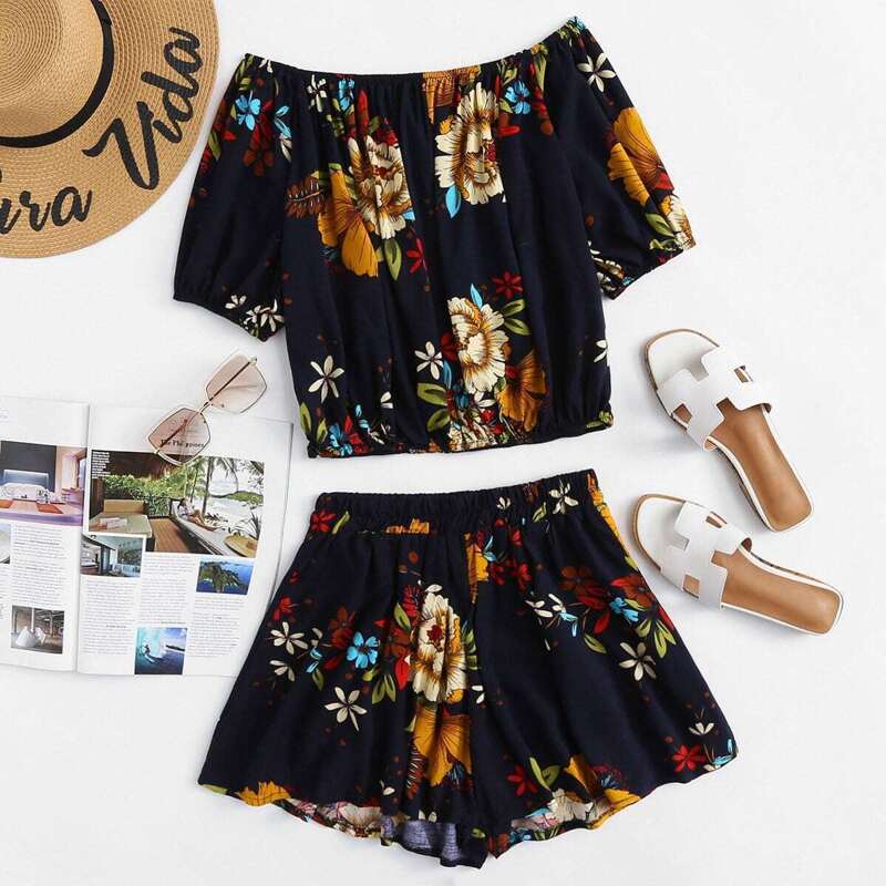 

Off Shoulder Floral Print Top With Shorts, Purple